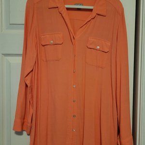 Womens Tunic Blouse Long Sleeve Button Up Top Bright Coral/Salmon - Size XL